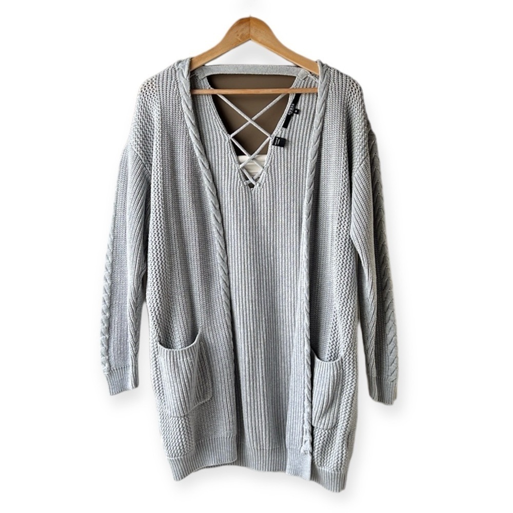 GUESS Grey Cable Knit Open Front Cardigan Size Medium